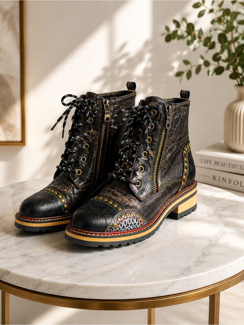 Women's Black Leather Lace-Up Combat Boots with Accent Trim